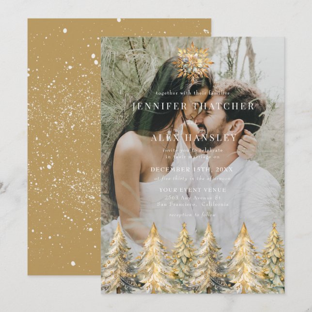 Convite de Casamento de Natal com Brilho Dourado (Frente/Verso)