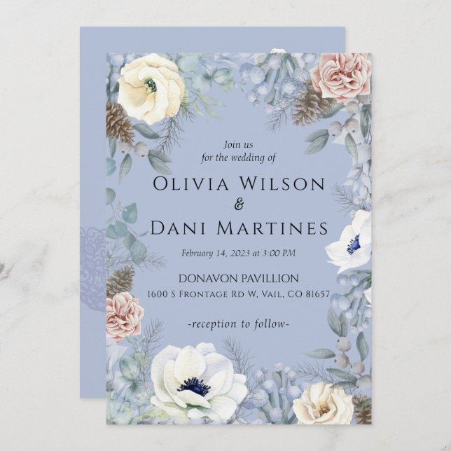 Convite de Casamento de Natureza Floral Azul Blush (Frente/Verso)