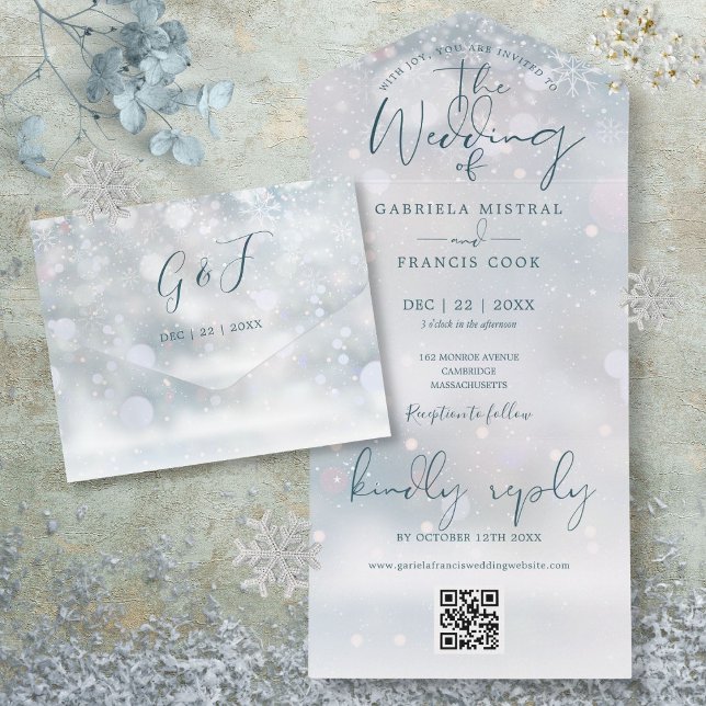 Convite de casamento de neve com código QR Winter  (Winter Wonderland QR Code Snow Wedding All In One Invitation)