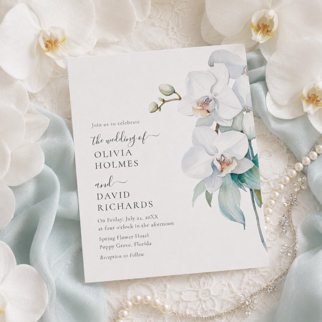 Convite de Casamento de Orquídea Branca Elegante M (Modern Elegant White Orchid Wedding Invite on a table with wedding decor and orhcids)