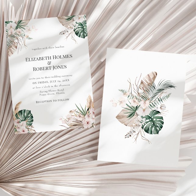 Convite de Casamento de Orquídea Tropical e Monste (Tropical Orchid and Monstera Wedding Invitation on a sunny white dry palm leaf.)