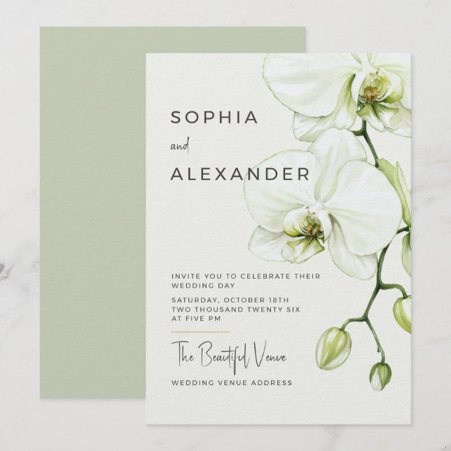 Convite de casamento de orquídeas em aquarela eleg (Frente/Verso)