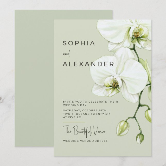 Convite de casamento de orquídeas em aquarela eleg (Frente/Verso)