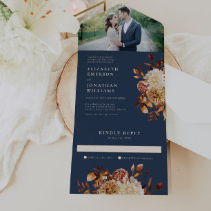 Convite de Casamento de Outono Azul-Marinho com Fo