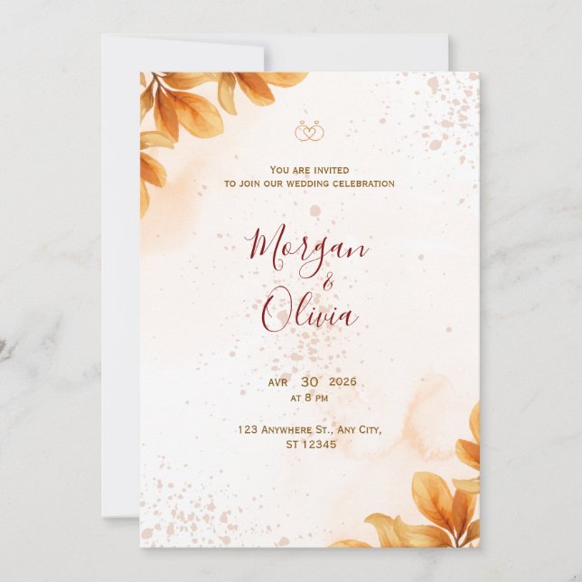 Convite de Casamento de Outono Elegante com Anéis  (Frente)