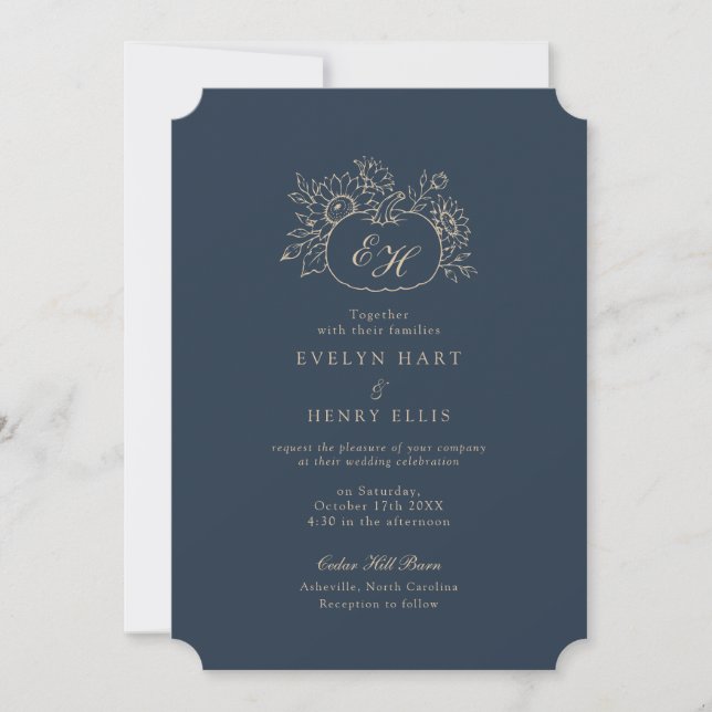 Convite de Casamento de Outono Elegante Navy Doura (Frente)