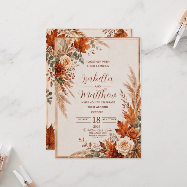 Convite de Casamento de Outono Elegante Personaliz (Frente/Verso In Situ)