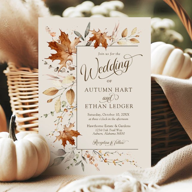 Convite de Casamento de Outono em Aquarela Folhas  (Elegant watercolor Autumn leaves modern ivory rustic boho QR code rsvp Fall wedding invitations)