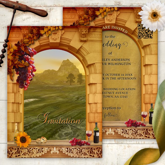 Convite de Casamento de Outono em Vinhedo Italiano (Vineyard wedding invitation featuring a Tuscan Italian landscape with a Roman arch, grapes and wine)
