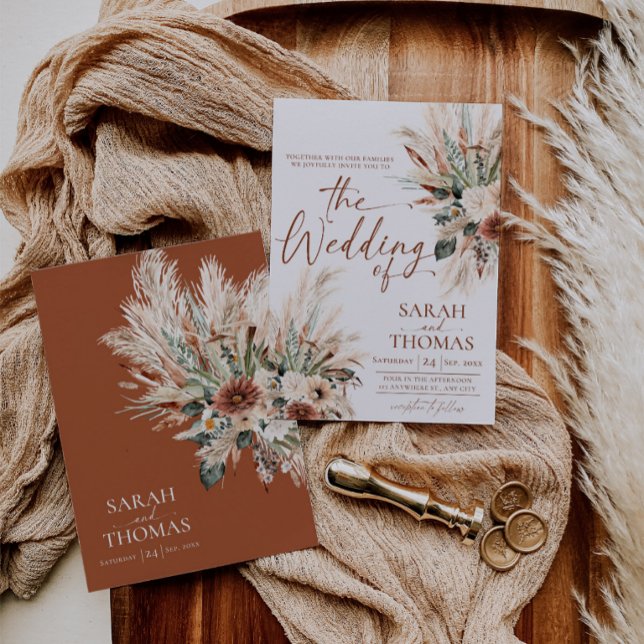 Convite de Casamento de Outono Rústico Carta Terra (Rustic Fall Wedding Invitation Card Terracotta Boho (Front and Back))
