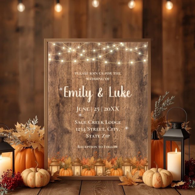 Convite de Casamento de Outono Rústico com Luzes d (Rustic fall wedding invitation with string lights, pumpkins, lanterns, and cozy barn charm.)