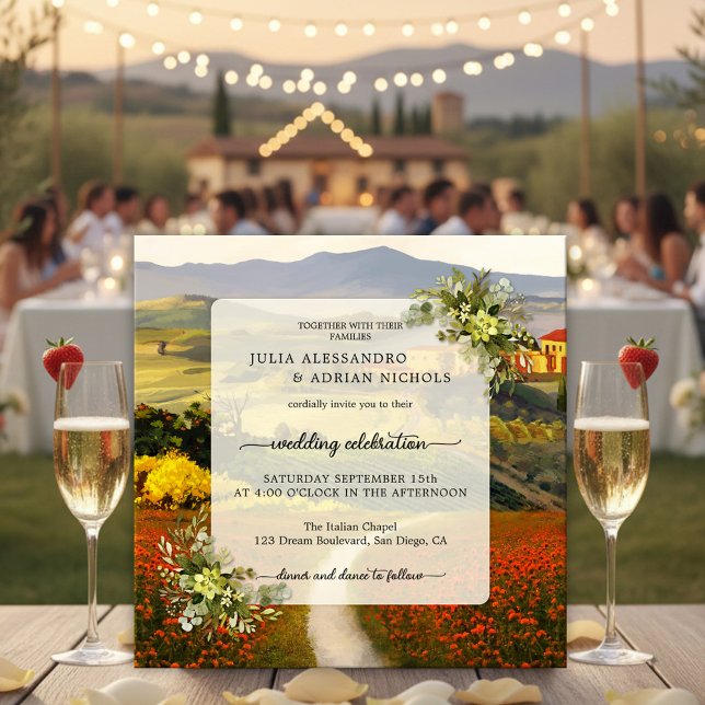 Convite de Casamento de Paisagem Toscana Colorida (Italian wedding invitation featuring a fine art painting of an Italy inspired landscape scene)