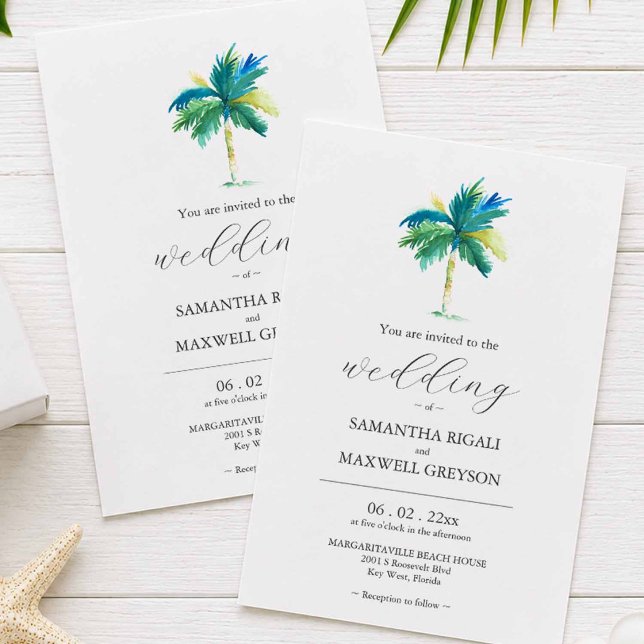 Convite de Casamento de Palmeira em Aquarela (tropical destination wedding invitations with watercolor palm tree in turquoise blue and green)