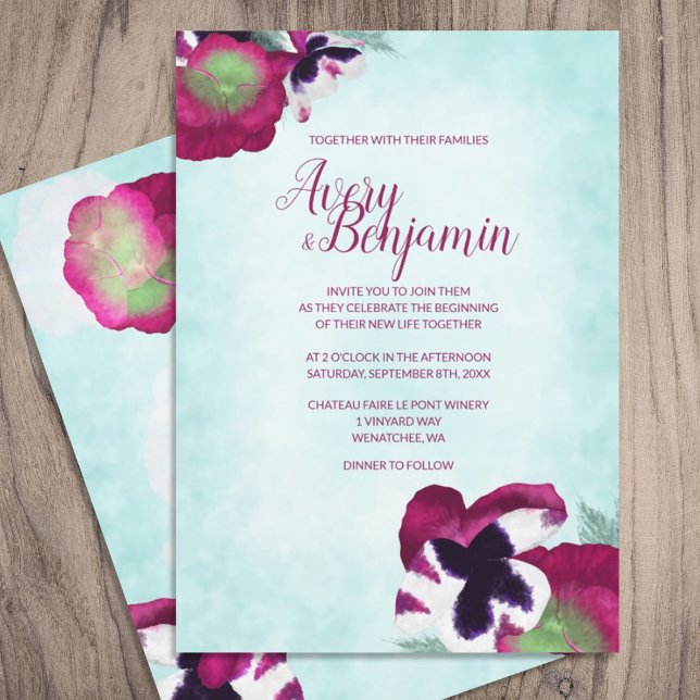 Convite De Casamento De Pansies Magenta (light cyan blue magenta berry pink purple floral wedding invitations script calligraphy writing)