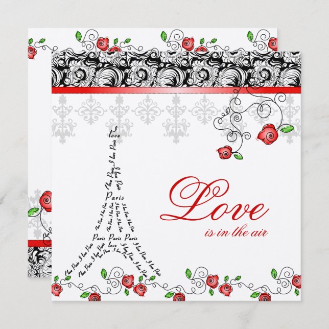 Convite de casamento de Paris Rosa vermelha Preto (Frente/Verso)