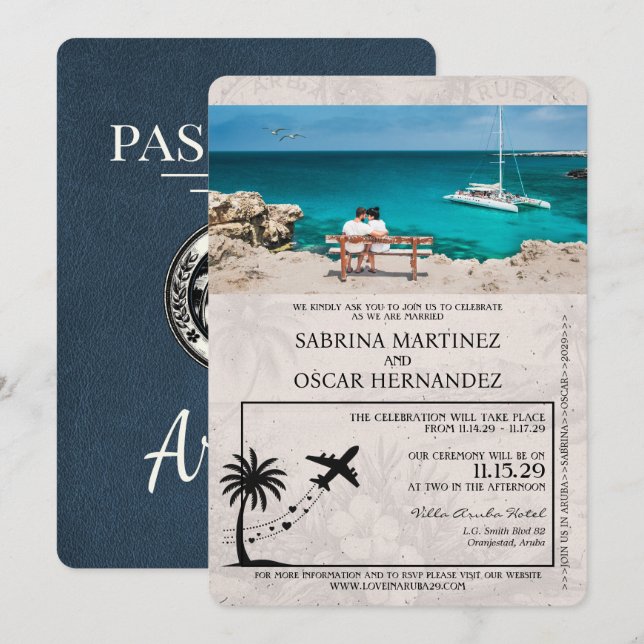 Convite De Casamento De Passaporte De Aruba marinh (Frente/Verso)