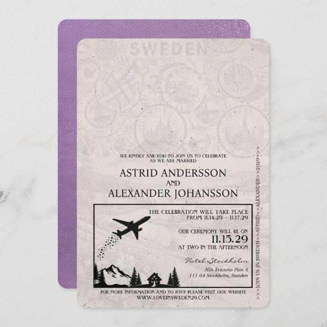 Convite de Casamento de Passaporte de Suecia Roxo  (Frente/Verso)