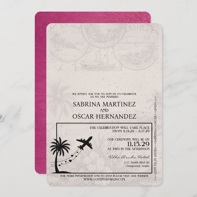 Convite De Casamento De Passaporte Magenta Pink Ar (Frente/Verso)