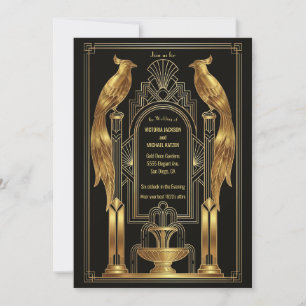 Convite de Casamento de Pássaro Art Deco Dourado P
