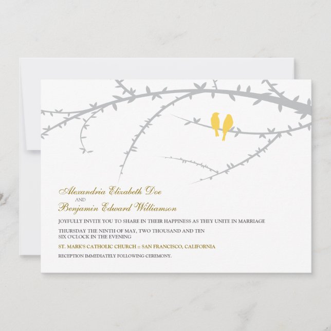 Convite de Casamento de Pássaros de Amor (amarelo) (Frente)