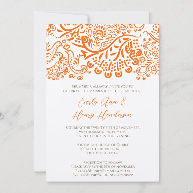 Convite de Casamento de Pássaros de Amor Laranja (Frente)
