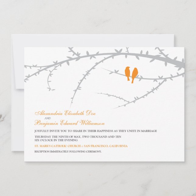 Convite de Casamento de Pássaros de Amor (laranja) (Frente)