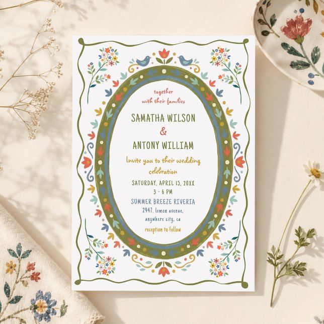 Convite de Casamento de Pássaros Florais Folclóric (Criador carregado)