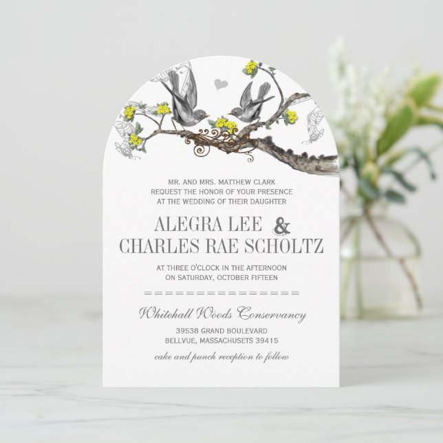 Convite de Casamento de Pássaros Vintage Amarelo e (Em pé/Frente)