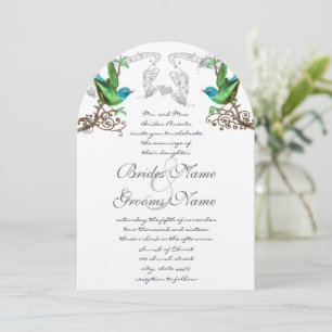 Convite de Casamento de Pássaros Vintage Azul e Ve