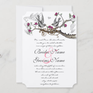 Convite de Casamento de Pássaros Vintage Fuchsia e