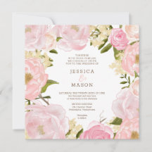 Convite de Casamento de Peões Florais Rosa Quadrad