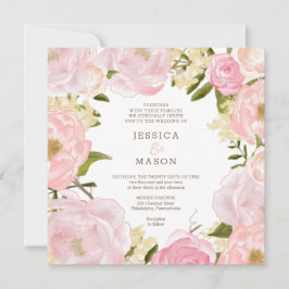 Convite de Casamento de Peões Florais Rosa Quadrad
