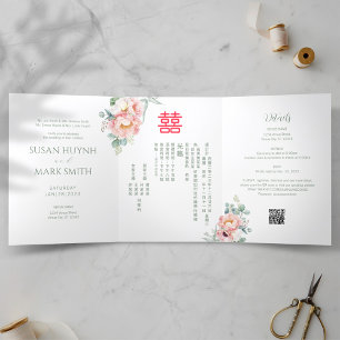 Convite de Casamento de Peônia Bilíngue Chinês (VE