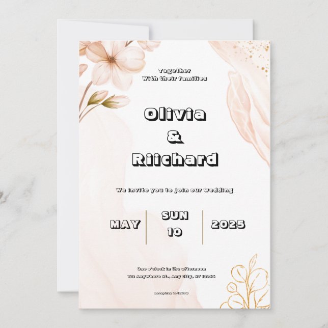Convite de Casamento de Pêssegos com Flores de Aqu (Frente)