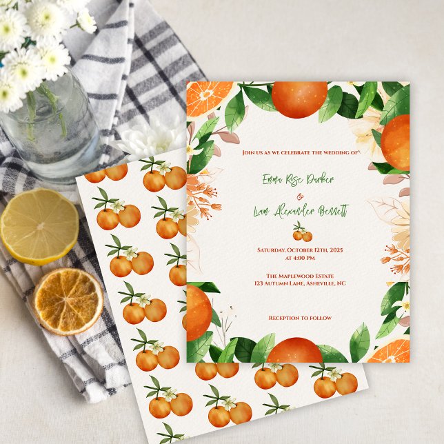 Convite De Casamento De Pomada De Citrinos Botânic (Orange Botanical Citrus Orchard Wedding Invitation)