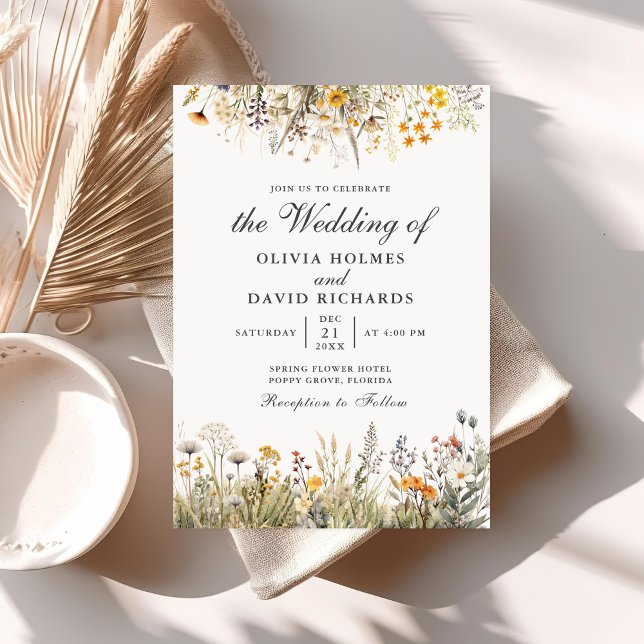 Convite de Casamento de Prado de Flores Silvestres (Peach Watercolor Wildflower Meadow Wedding Invite on a table with neutral boho decoration.)