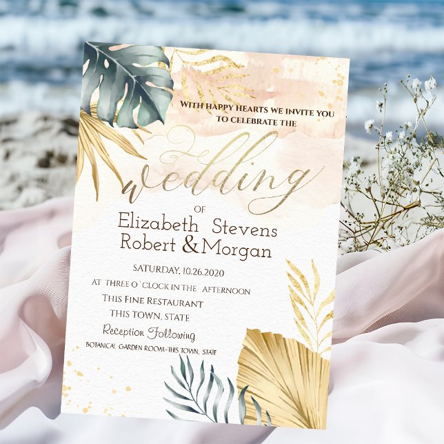 Convite de Casamento de Praia com Folhas de Palmei (Criador carregado)