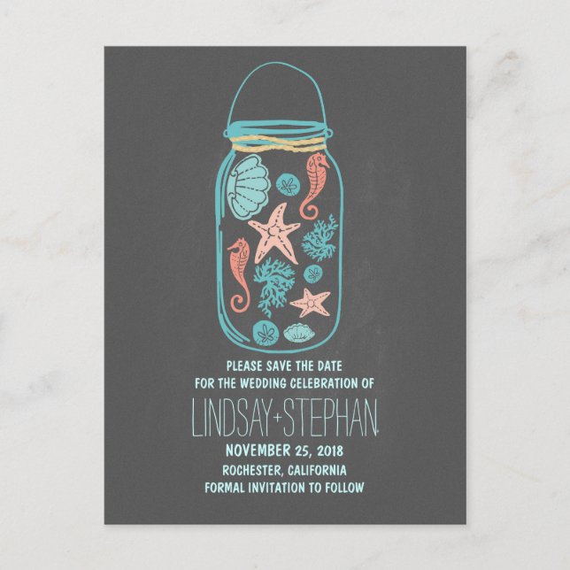 Convite de casamento de praia com pote de pedreiro (Frente)