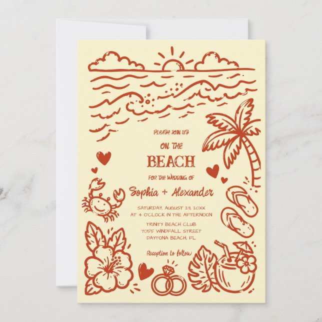 Convite de Casamento de Praia Desenhado à Mão (Frente)