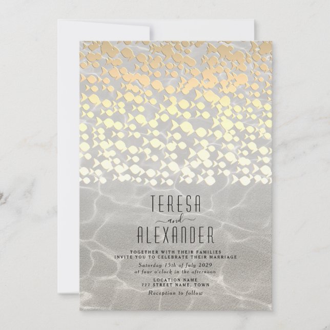 Convite de Casamento de Praia em Ouro Elegante (Frente)
