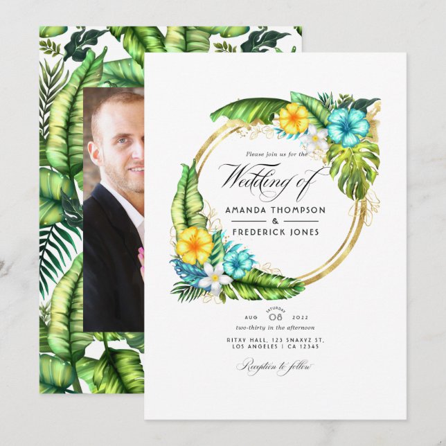 Convite de casamento de praia tropical de verão co (Frente/Verso)