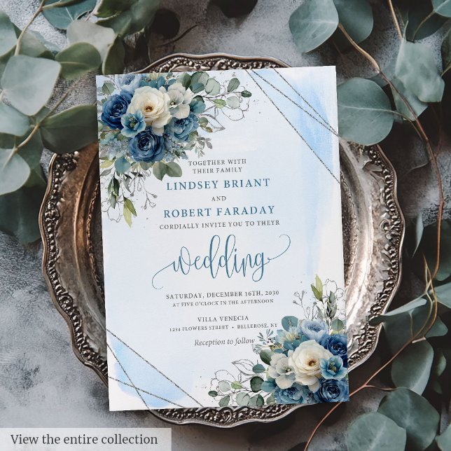 Convite de casamento de Prata de Rosas Brancas Rus (Rustic Dark Blue White Roses Silver Wedding Invite)