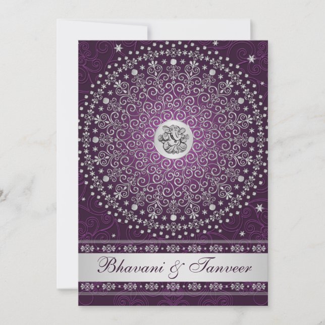 Convite de casamento de prata roxo Hindu 2 do rolo (Frente)