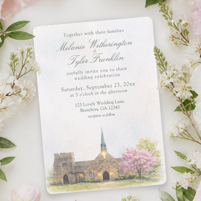 Convite de Casamento de Primavera com Capela de Pe (Spring Stone Chapel Wedding Invitation)