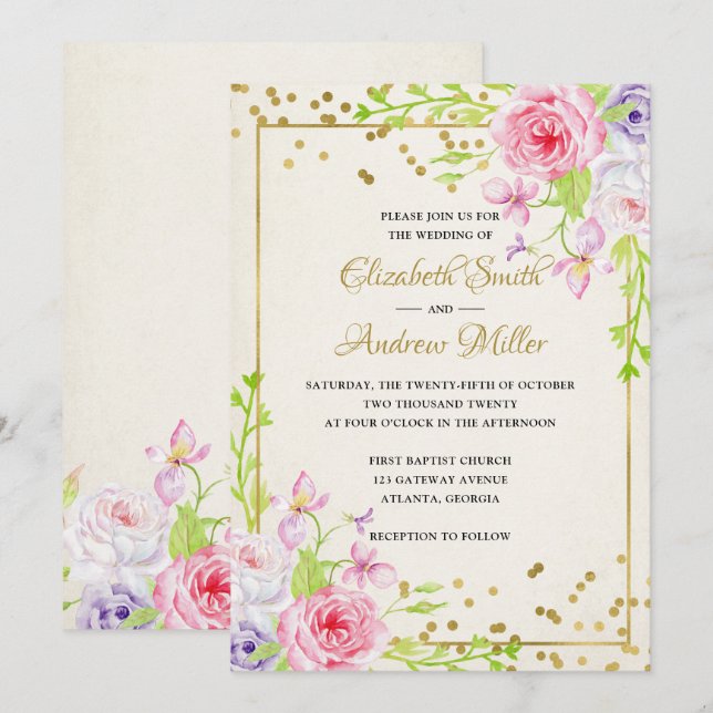 Convite de casamento de Quadro Dourado Moderno Flo (Frente/Verso)