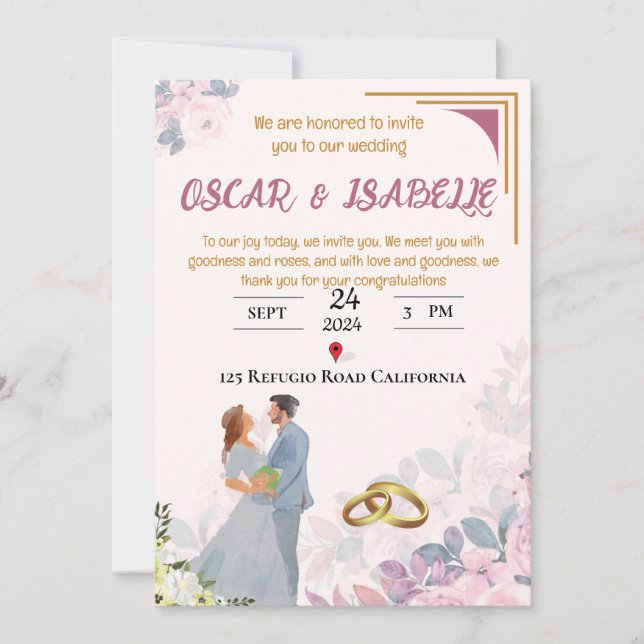 Convite de Casamento de Quadro Floral Cor-de-Rosa- (Frente)