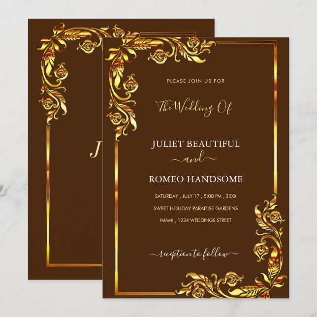 Convite de casamento de Quadro Floral Dourado - Co (Frente/Verso)