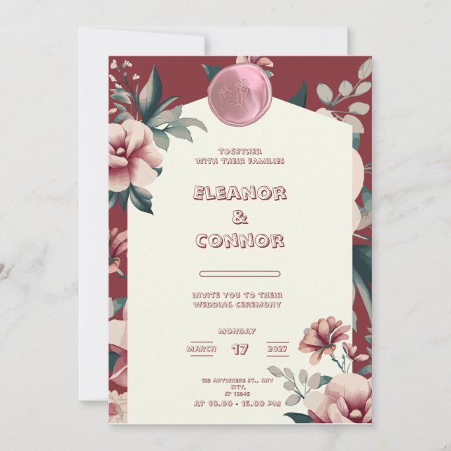 Convite de Casamento de Quadro Floral Vermelho (Frente)