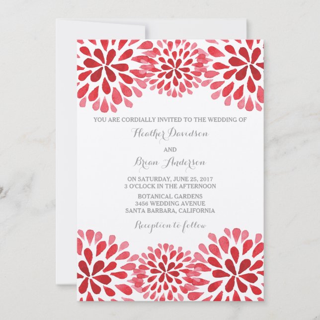 Convite de casamento de Qurysanthemum Red Watercol (Frente)