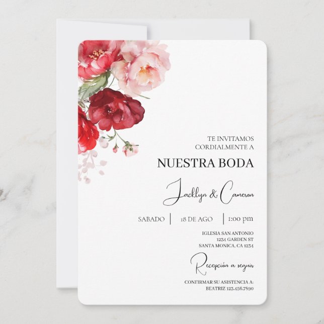 Convite De Casamento De Red Floral Espanhol (Frente)